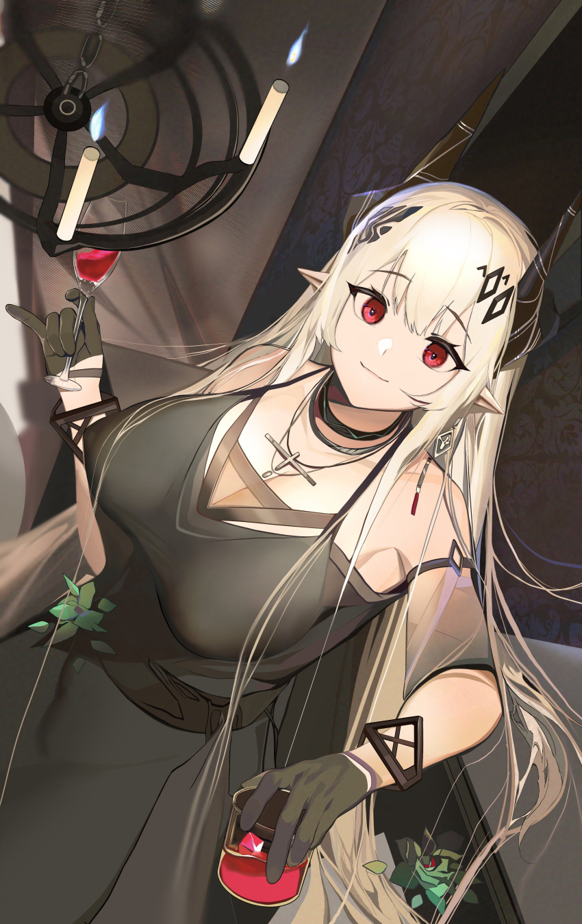 1girl absurdres alcohol arknights bare_shoulders black_dress breasts cleavage commentary_request cup dress drinking_glass highres holding holding_cup horns indoors jewelry ken_(1057168252) large_breasts long_hair mudrock_(arknights) mudrock_(obsidian)_(arknights) necklace official_alternate_costume pointy_ears red_eyes solo upper_body white_hair wine wine_glass