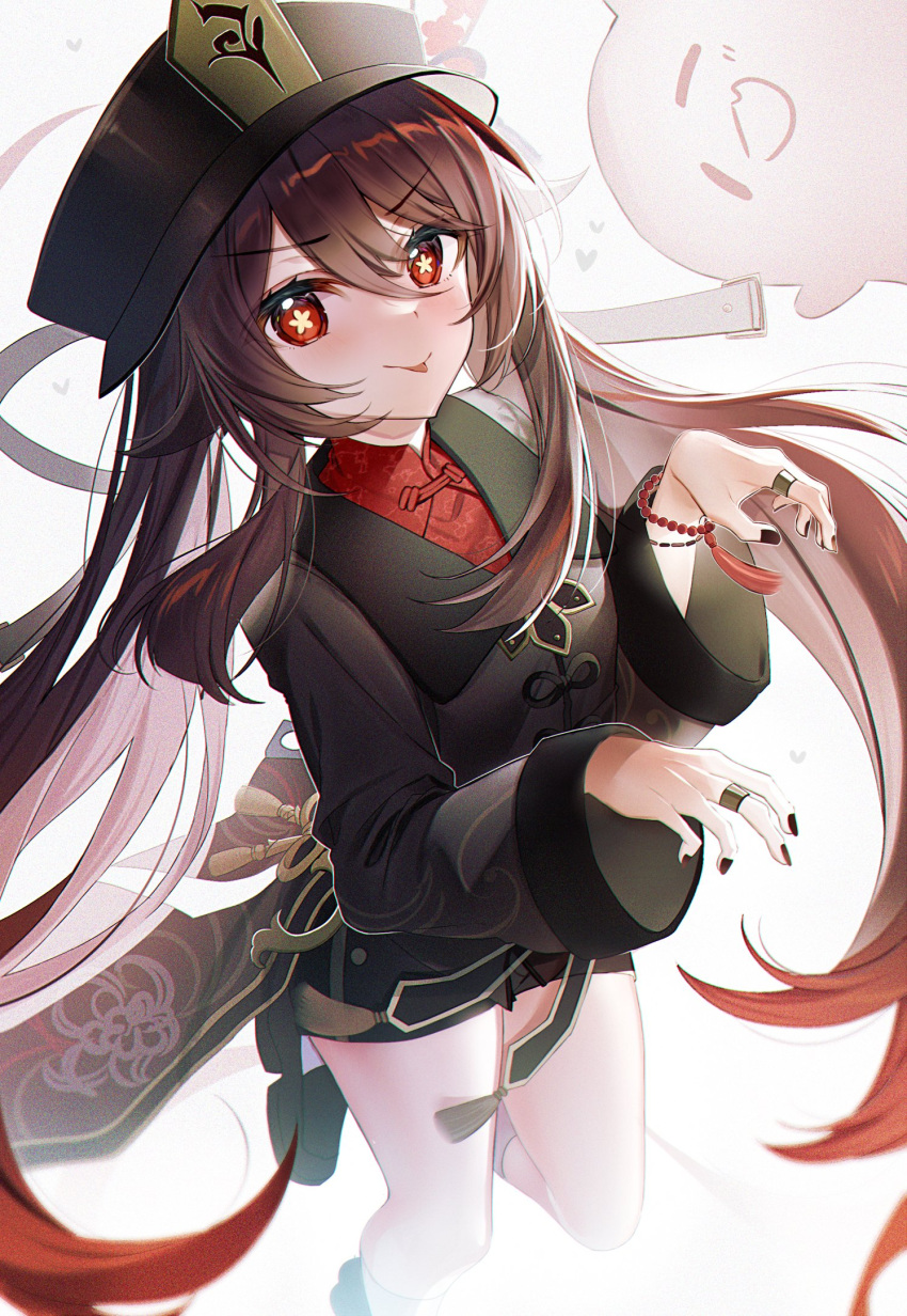 1girl bad_id bad_twitter_id black_headwear black_shirt black_shorts brown_hair collared_shirt genshin_impact ghost ghost_pose hat highres hu_tao_(genshin_impact) kawachi_rin leg_up long_hair long_sleeves looking_at_viewer red_eyes shirt shoes short_shorts shorts smile solo star-shaped_pupils star_(symbol) symbol-shaped_pupils tailcoat thighs tongue tongue_out twintails undershirt v-shaped_eyebrows very_long_hair