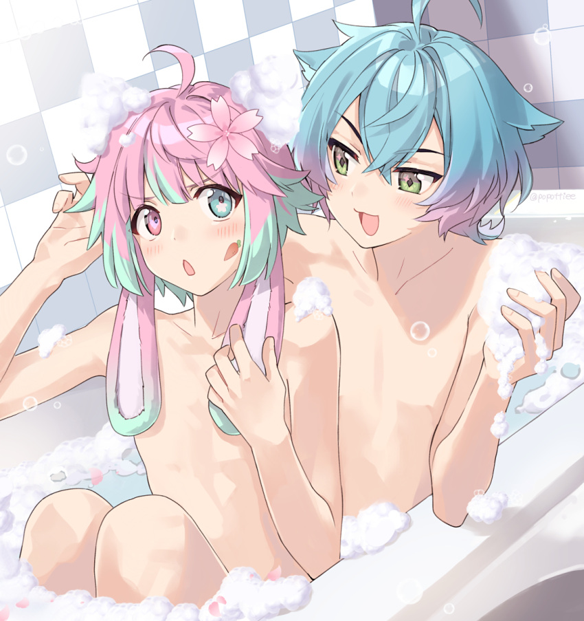 2boys ahoge animal_ears bangs bathing bathtub blue_hair blush bubble collarbone colored_tips commission covered_nipples crossed_bangs dutch_angle eyelashes feet_out_of_frame gradient_hair green_eyes green_hair hand_up hands_up heterochromia highres indie_virtual_youtuber linechu looking_at_another looking_to_the_side male_focus medium_hair multicolored_hair multiple_boys nude open_mouth otoko_no_ko pink_hair potti-p rabbit_ears shiry sidelocks sitting skeb_commission soap_bubbles two-tone_hair upper_body virtual_youtuber yaoi