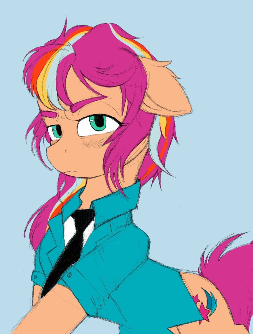 blush clothing colored_sketch cutie_mark digital_media_(artwork) earth_pony equid equine eyelashes fur gonnabemyday green_eyes hair hasbro hi_res horse mammal messy_hair mlp_g5 multicolored_hair my_little_pony orange_body orange_fur pony sketch solo sunny_starscout_(mlp) tired tuft