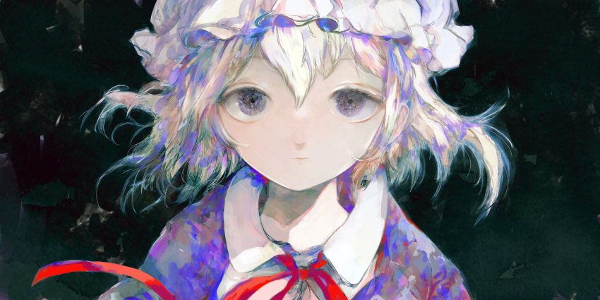 1girl :| absurdres anabone bangs blonde_hair closed_mouth collar commentary_request dress expressionless hair_between_eyes hat highres looking_at_viewer maribel_hearn mob_cap neck_ribbon portrait purple_dress red_ribbon ribbon short_hair solo static_eyes touhou white_collar white_headwear