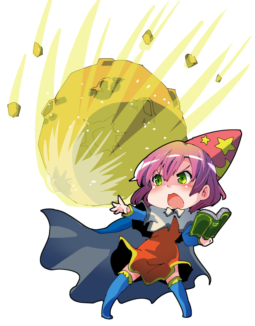 1girl absurdres book cape chibi dress final_fantasy final_fantasy_v full_body green_eyes hat highres lenna_charlotte_tycoon magic meteor open_mouth pink_hair shinapuu simple_background solo thighhighs time_mage white_background