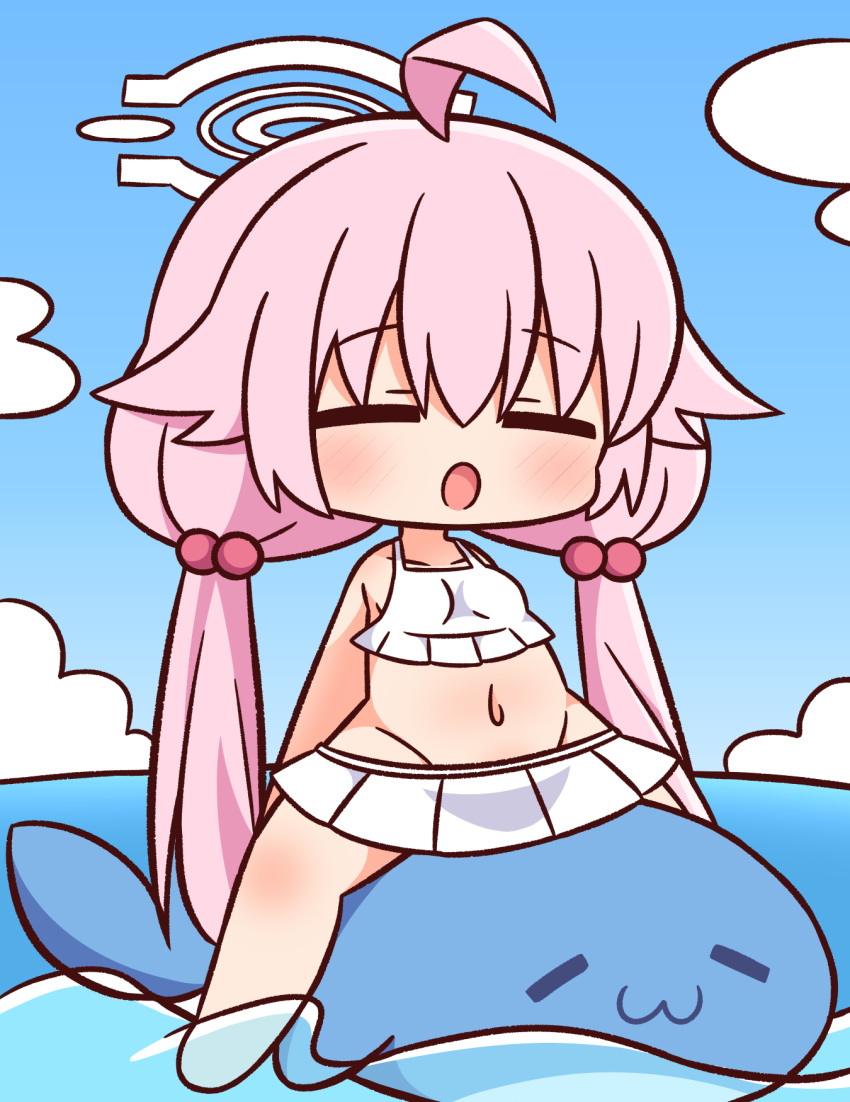 1girl :o ahoge bangs bare_arms bare_shoulders barefoot bikini blue_archive blue_sky blush breasts chibi closed_eyes cloud collarbone day eyebrows_visible_through_hair facing_viewer full_body groin hair_between_eyes hair_bobbles hair_ornament halo hana_kazari highres horizon hoshino_(blue_archive) inflatable_dolphin inflatable_toy long_hair low_twintails navel ocean outdoors parted_lips pink_hair sitting sky small_breasts solo straddling swimsuit twintails very_long_hair water white_bikini