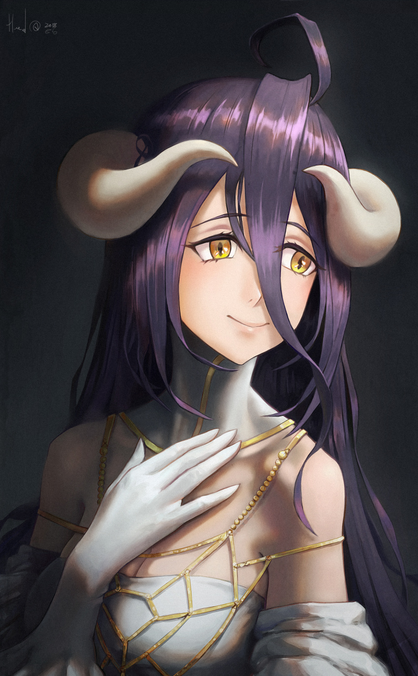 1girl absurdres ahoge albedo_(overlord) bangs bare_shoulders breasts cleavage closed_mouth commentary curled_horns demon_girl demon_horns dress elvafirst english_commentary eyebrows_visible_through_hair gloves hair_between_eyes hand_on_own_chest highres horns large_breasts long_hair looking_to_the_side overlord_(maruyama) portrait purple_hair signature smile solo upper_body white_dress white_gloves white_horns yellow_eyes