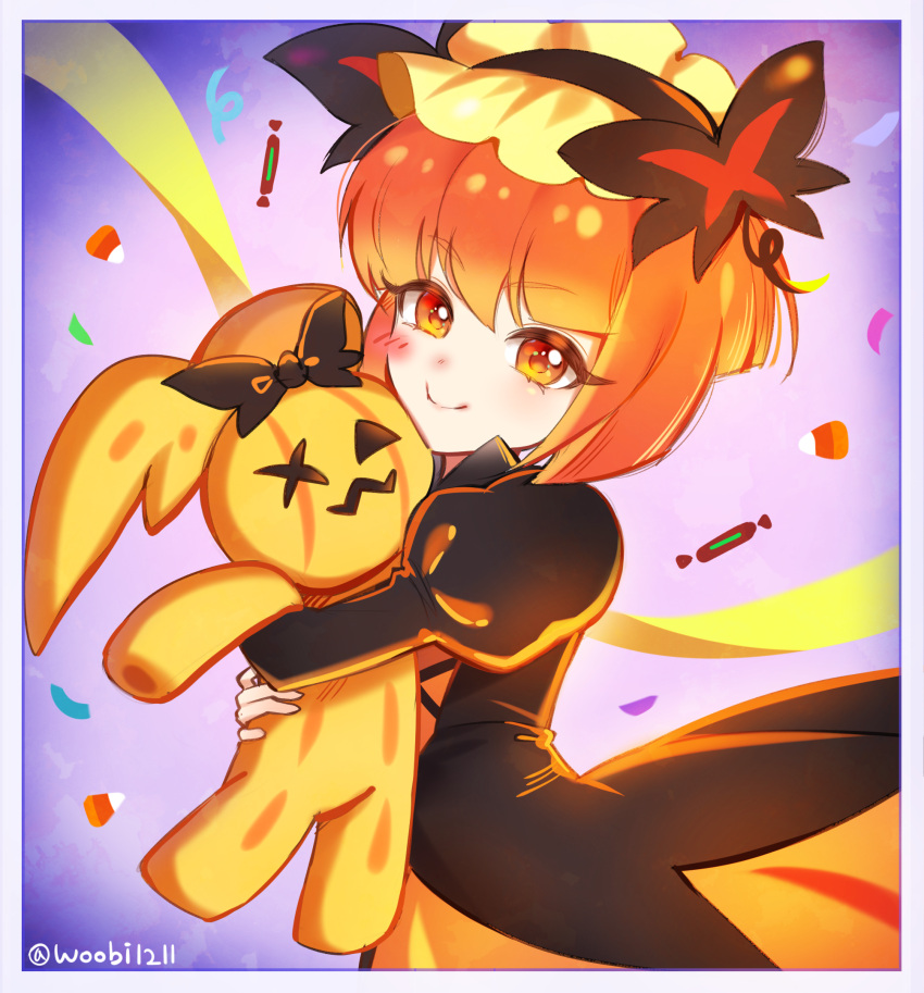 1girl artist_name back_bow bow bright_pupils butterfly_hair_ornament child closed_mouth cookie_run eyebrows_visible_through_hair ghost hair_ornament highres humanization juliet_sleeves long_sleeves orange_eyes orange_hair personification puffy_sleeves pumpkin_pie_cookie short_hair smile solo stuffed_animal stuffed_toy ubi_(ekdus6080) upper_body