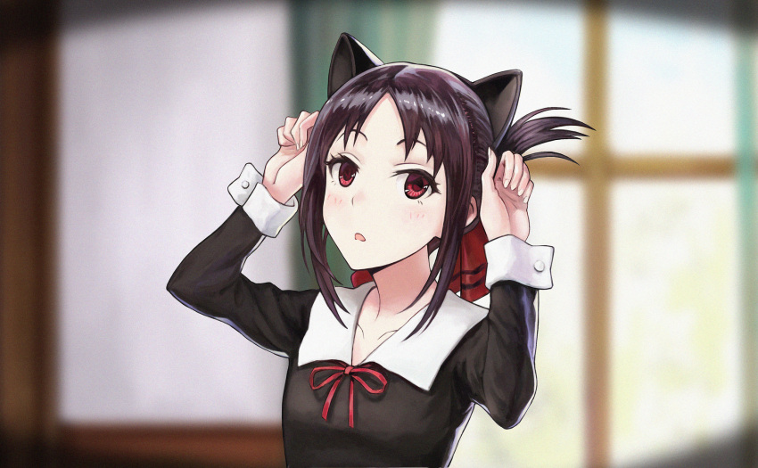 1girl animal_ears bangs black_hair blurry blurry_background blush bow breasts cat_ears commentary_request elvafirst fake_animal_ears folded_ponytail hair_bow highres kaguya-sama_wa_kokurasetai_~tensai-tachi_no_renai_zunousen~ looking_at_viewer neck_ribbon open_mouth parted_bangs paw_pose red_bow red_eyes red_ribbon ribbon school_uniform shinomiya_kaguya short_hair shuuchiin_academy_school_uniform sidelocks small_breasts solo upper_body