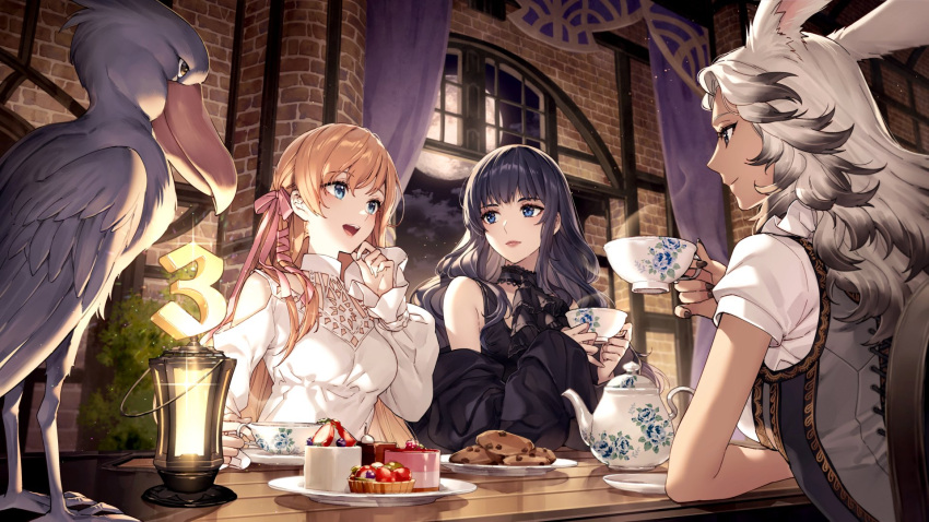 3girls animal_ears ascot avatar_(ff14) bangs bird black_ascot black_choker black_dress black_hair black_nails blue_eyes brick_wall cake chair choker cloud commentary_request cookie countdown cup detached_sleeves dress final_fantasy final_fantasy_xiv food frilled_choker frills full_moon gaia_(ff14) gradient_hair grey_eyes hair_ribbon hand_up highres holding holding_cup hyur indoors korean_commentary lamp long_hair looking_at_another moon multicolored_hair multiple_girls nail_polish night night_sky official_art on_table open_mouth orange_hair plate puffy_sleeves rabbit_ears ribbon ryne shoebill sitting sky smile steam table tea_set teacup teapot upper_body viera white_dress white_hair wild5lee