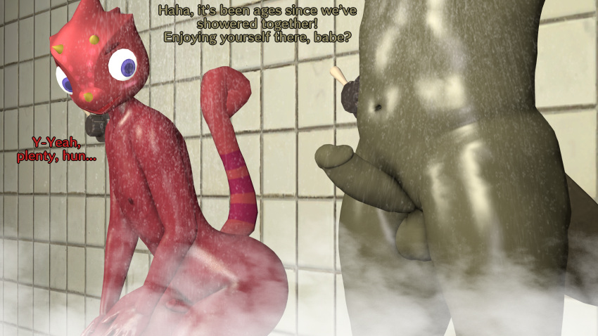3d_(artwork) animal_crossing anthro balls beaver big_penis blush c.j._(animal_crossing) chameleon chubby_male daemont92 dialogue digital_media_(artwork) duo erection flick_(animal_crossing) genitals girly hi_res imminent_oral lizard male male/male mammal nintendo nude penis reptile rodent scalie showering source_filmmaker staring_at_penis thick_thighs video_games water wet wide_hips