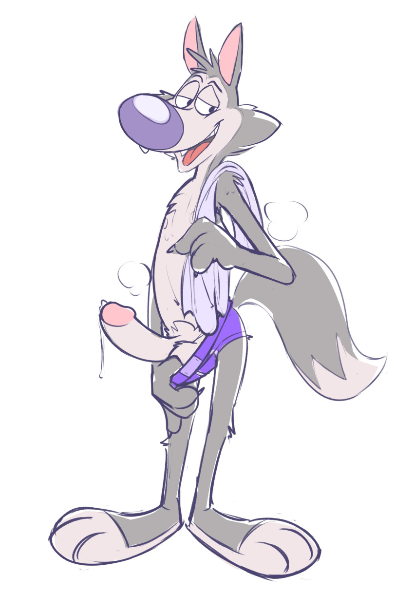 absurd_res anthro barefoot bodily_fluids briefs canid canine canis chip_the_wolf clothed clothing clothing_pull cookie_crisp cum feet fur genital_fluids genitals grey_body grey_fur half-closed_eyes hi_res male mammal markydraws narrowed_eyes penis purple_briefs simple_background smile solo steam tan_body tan_fur teeth_showing tongue_showing toony topless towel underwear underwear_only underwear_pull white_background wolf