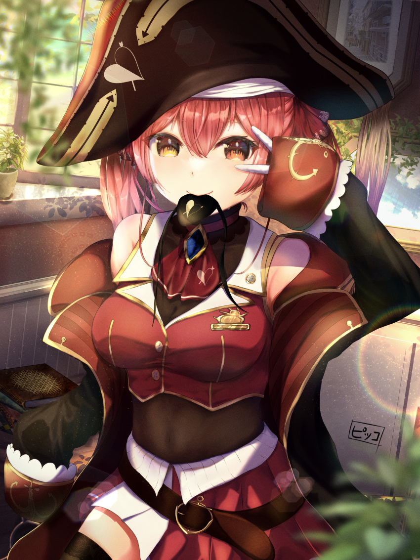 1girl absurdres arrow_through_heart ascot bare_shoulders bicorne blurry book breasts cleavage coat commentary_request depth_of_field eyepatch eyepatch_removed gloves hair_ribbon hat heterochromia highres hololive houshou_marine lens_flare leotard leotard_under_clothes mouth_hold off_shoulder piccolo_(gvgk8874) picture_(object) plant pleated_skirt red_coat red_hair ribbon see-through_leotard skirt smile solo twintails v virtual_youtuber white_gloves window