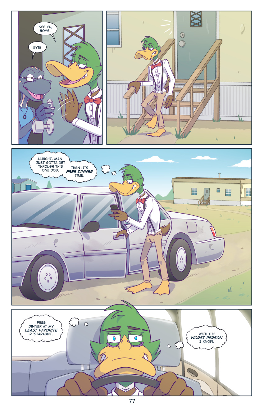 anatid anseriform anthro anti_dev avian beak bird blue_eyes bow_tie brogulls car clothing comic dialogue duck duo elkin_(brogulls) english_text feathers gesture green_body green_eyes green_feathers hi_res inside_car internal_monologue lizard male outside overalls raeford_(brogulls) reptile scalie sitting skink speech_bubble steering_wheel text thought_bubble trans_(lore) trans_man_(lore) vehicle waving wearing_glasses