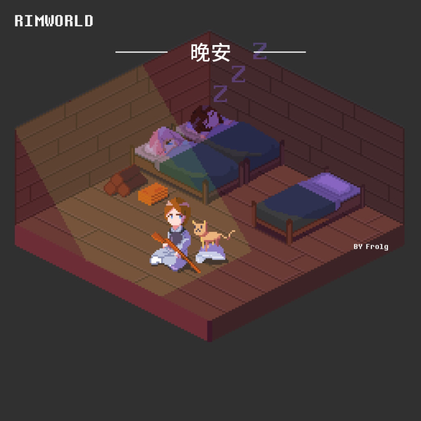 1boy 2girls :&lt; artist_name bed blue_eyes body_armor brick_wall brown_hair cat chinese_text closed_eyes commentary english_text frolg gun headwear_removed helmet helmet_removed highres indoors isometric log long_hair mixed-language_commentary mre multiple_girls pink_hair pixel_art rifle rimworld sitting sleeping wall weapon zzz