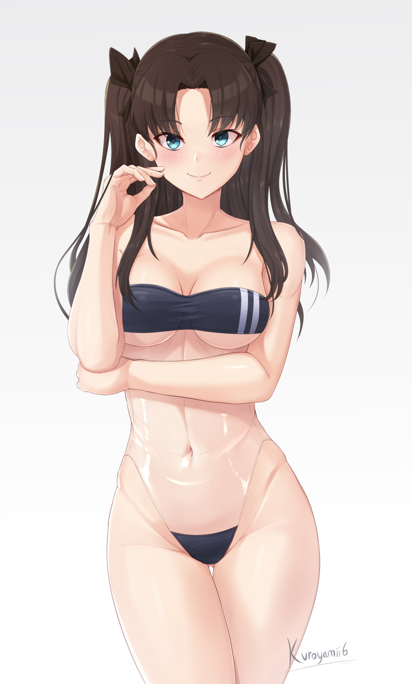 1girl absurdres arm_under_breasts artist_name ass_visible_through_thighs bangs blue_eyes blush breasts brown_hair casual_one-piece_swimsuit collarbone commission cowboy_shot crossed_legs english_commentary eyebrows_visible_through_hair fate/stay_night fate_(series) gris_swimsuit groin hair_intakes hand_up highleg highleg_swimsuit highres hip_bones kuroyamii looking_at_viewer medium_breasts meme_attire navel one-piece_swimsuit parted_bangs see-through see-through_swimsuit shiny shiny_clothes shiny_swimsuit signature simple_background smile solo standing strapless strapless_swimsuit swimsuit thigh_gap tohsaka_rin two_side_up underboob