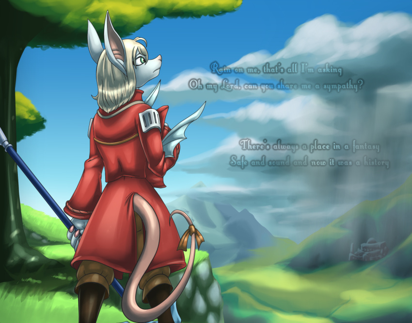 2022 anthro armor bassybefuddle black_pupils blonde_hair brown_clothing brown_legwear burmecian claws clothed clothing cloud english_text female final_fantasy final_fantasy_ix finger_claws freya_crescent fully_clothed fur green_eyes grey_body grey_fur hair headgear helmet hi_res holding_armor holding_headgear holding_helmet holding_object holding_weapon jacket legwear looking_up lyrics mammal outside pink_claws plant pupils rear_view red_clothing red_jacket red_topwear rodent solo square_enix tan_inner_ear text topwear tree video_games weapon yellow_nose
