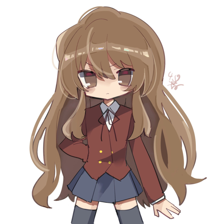 1girl :3 aisaka_taiga bangs black_legwear blazer blue_skirt brown_eyes brown_hair buttons closed_mouth collared_shirt commentary cowboy_shot double-breasted hair_between_eyes highres jacket long_hair long_sleeves looking_at_viewer neck_ribbon oohashi_high_school_uniform red_jacket red_ribbon ribbon school_uniform shirt simple_background skirt solo standing thighhighs toradora! very_long_hair white_background white_shirt zvvvvb