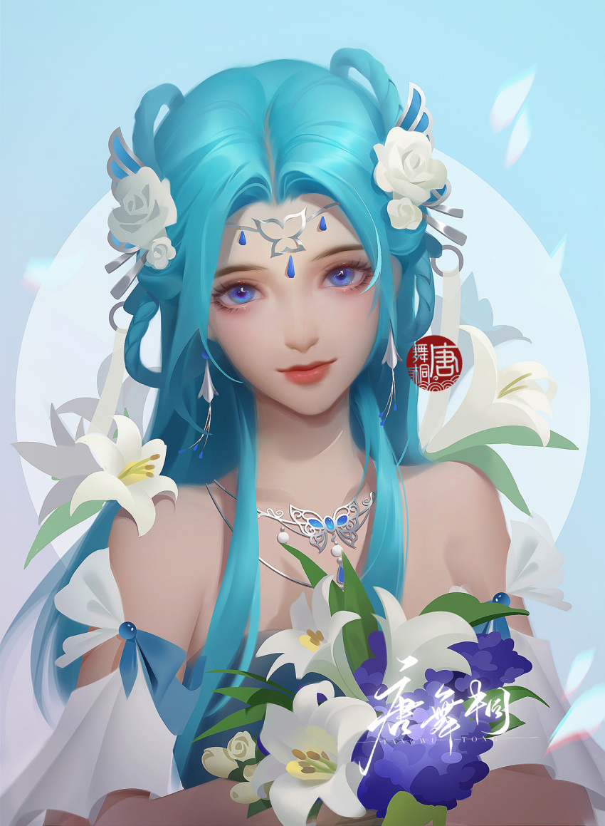 1girl blue_background blue_hair circle douluo_dalu flower hair_flower hair_ornament hair_rings highres jewelry long_hair looking_at_viewer mother's_day necklace smile solo tang_wutong_(douluo_dalu) tang_wutong_tongren_she upper_body
