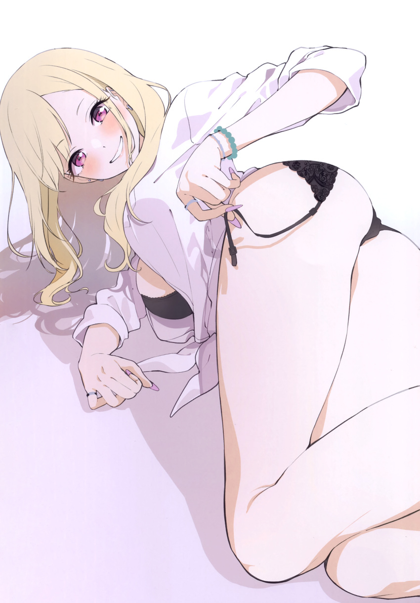 1girl absurdres black_bra black_panties blonde_hair blush bra bracelet feet_out_of_frame garter_belt garter_straps grin highres jewelry kitagawa_marin long_hair long_sleeves looking_at_viewer lying neki_(wakiko) open_clothes open_shirt panties purple_eyes ring shirt smile solo sono_bisque_doll_wa_koi_wo_suru underwear white_shirt