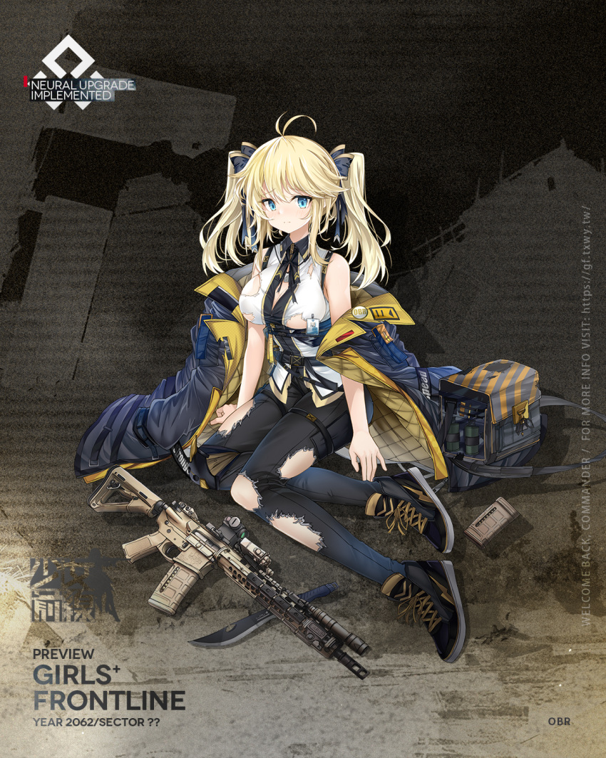 1girl ammunition_pouch artist_request bag_removed bangs battle_rifle black_footwear black_pants blonde_hair blue_eyes blue_jacket boots breasts character_name closed_mouth copyright_name eyebrows_visible_through_hair full_body girls'_frontline gun hair_ribbon hand_on_floor highres id_card jacket jacket_pull knee_pads knife larue_tactical_obr looking_at_viewer machete medium_breasts medium_hair mod3_(girls'_frontline) obr_(girls'_frontline) official_art on_floor open_clothes open_jacket pants pouch promotional_art ribbon rifle shirt sniper_rifle solo torn_clothes torn_pants torn_shirt twintails weapon weapon_removed white_shirt