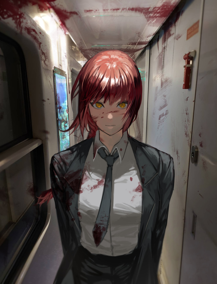 1girl absurdres bangs black_jacket black_necktie black_pants black_suit blood blood_on_clothes blood_on_face blood_on_wall braid chainsaw_man collared_shirt commentary cowboy_shot expressionless formal hanny_(uirusu_chan) highres jacket long_hair looking_at_viewer makima_(chainsaw_man) necktie open_clothes open_jacket pants red_hair ringed_eyes shirt single_braid solo standing suit train_interior white_shirt window