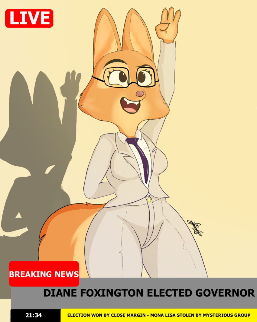 anthro canid canine clothing diane_foxington dreamworks eyewear fangs female fluffy fluffy_tail fox glasses happy hi_res mammal necktie pixyfox23 pose shadow smile solo solo_focus suit the_bad_guys