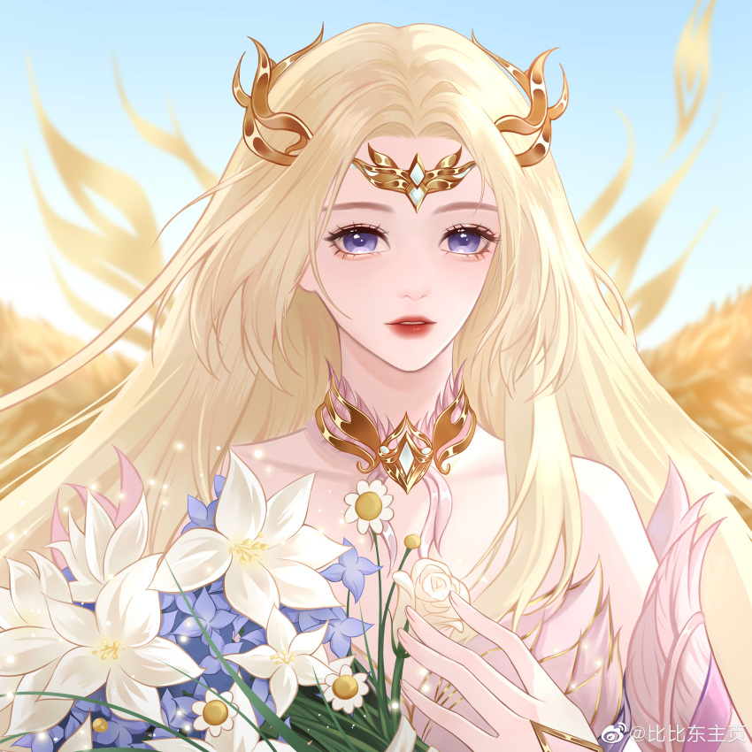 1girl absurdres bare_shoulders bibi_dong_zhuye blonde_hair blue_sky bouquet douluo_dalu dress hair_ornament hand_on_own_chest highres long_hair mother's_day qian_renxue_(douluo_dalu) sky solo upper_body white_dress yellow_wings