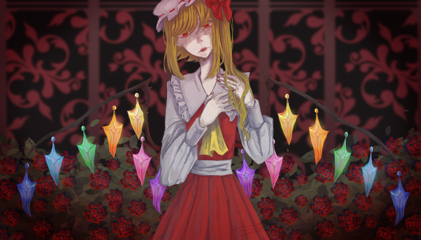1girl absurdres ascot blonde_hair bow bush crystal dark_background eyes_visible_through_hair flandre_scarlet flower hair_bow hat highres lake lipstick long_hair long_sleeves looking_down makeup mob_cap patterned_background puffy_long_sleeves puffy_sleeves rainbow_wings red_bow red_eyes red_skirt rose shirt side_ponytail skirt solo standing touhou white_shirt wings