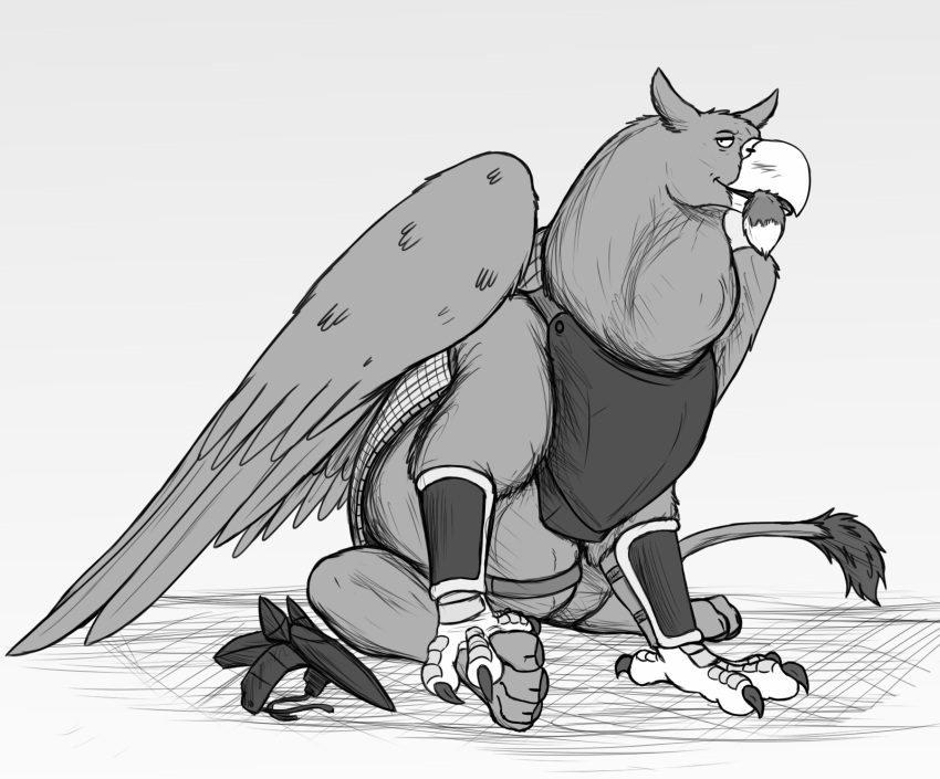 armor avian beak duo feral greyscale gryphon gryphon_pred headgear helmet hi_res jagg_(thatgryphonguy) looking_at_viewer male monochrome mythological_avian mythology neck_bulge oral_vore sitting talons thatgryphonguy vore wings