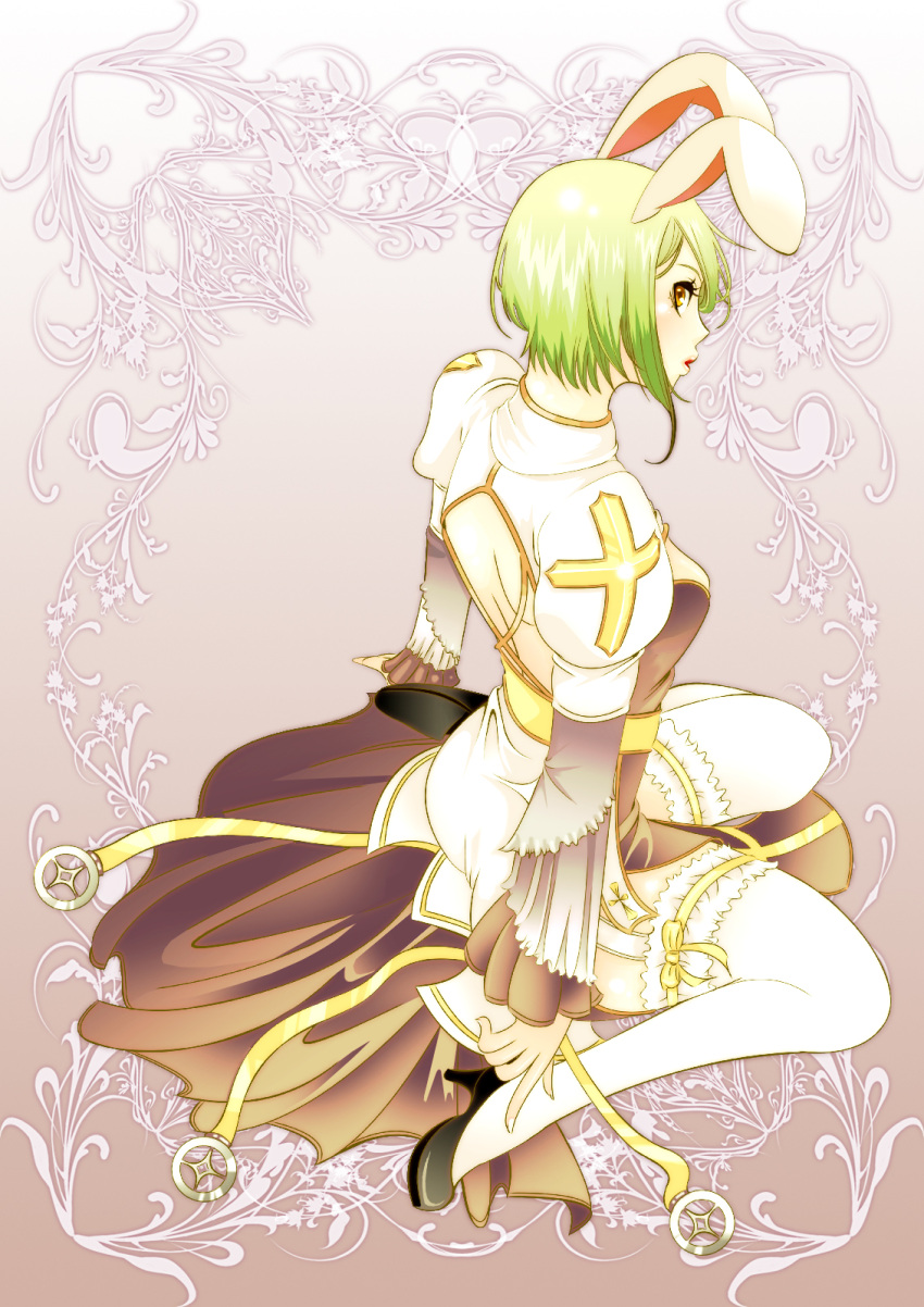 1girl animal_ears arch_bishop_(ragnarok_online) ass backless_dress backless_outfit bangs black_footwear breasts brown_dress commentary_request cross dress frilled_legwear full_body gaako_(sakakoji79) garter_straps green_hair high_heels highres juliet_sleeves long_sleeves looking_at_viewer looking_back medium_breasts open_mouth puffy_sleeves rabbit_ears ragnarok_online sash short_hair sitting solo thighhighs two-tone_dress wariza white_dress white_legwear yellow_eyes yellow_sash