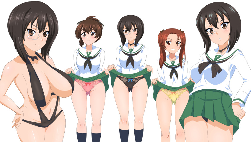 3girls absurdres black_choker black_hair black_panties black_swimsuit blush breasts brown_eyes brown_hair choker clothes_lift girls_und_panzer green_skirt grin hair_ribbon highres kadotani_anzu kawashima_momo koyama_yuzu large_breasts lifted_by_self long_hair looking_at_viewer miniskirt monocle multiple_girls ooarai_school_uniform panties pink_panties pleated_skirt ribbon school_uniform shiny shiny_hair short_hair simple_background skirt skirt_lift slingshot_swimsuit small_breasts smile swimsuit twintails underwear white_background yasuoextuuuuuu yellow_panties