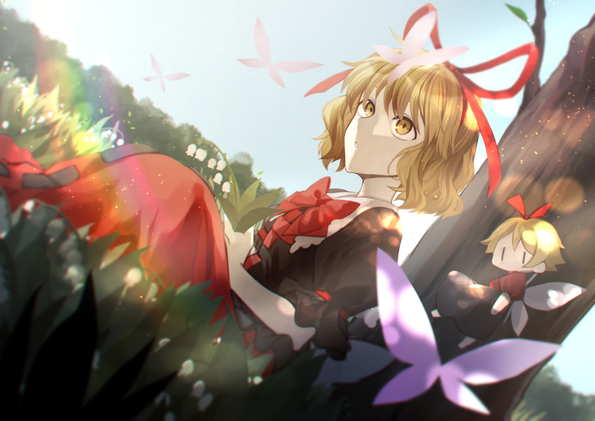 2girls :o absurdres against_tree bangs black_shirt blonde_hair bloom blurry bow bowtie bug butterfly depth_of_field fairy fairy_wings flower frilled_sleeves frills grass hair_ribbon highres holding holding_flower lily_of_the_valley looking_at_animal medicine_melancholy multiple_girls otoshiro_kosame outdoors puffy_sleeves red_bow red_ribbon red_skirt ribbon shirt short_hair short_sleeves sitting skirt su-san touhou tree wavy_hair wings yellow_eyes