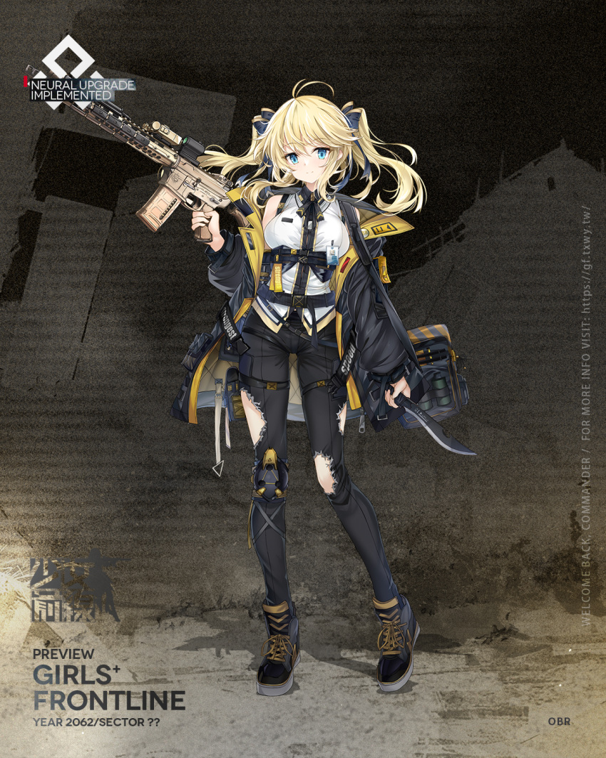 1girl ammunition_pouch artist_request bag bangs battle_rifle black_footwear black_pants blonde_hair blue_eyes blue_jacket boots breasts character_name closed_mouth copyright_name eyebrows_visible_through_hair full_body girls'_frontline gun hair_ribbon highres holding holding_knife holding_weapon id_card jacket knee_pads knife larue_tactical_obr looking_at_viewer machete medium_breasts medium_hair mod3_(girls'_frontline) obr_(girls'_frontline) official_art open_clothes open_jacket pants pouch promotional_art ribbon rifle shirt smile sniper_rifle solo standing torn_clothes torn_pants twintails weapon white_shirt