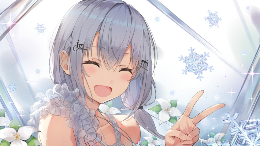 1girl :d absurdres bangs blush closed_eyes eyebrows_visible_through_hair facing_viewer flower grey_hair hair_ornament hairclip hakase_fuyuki hand_up highres long_hair nijisanji shima6644 smile snowflakes solo twintails v virtual_youtuber white_flower