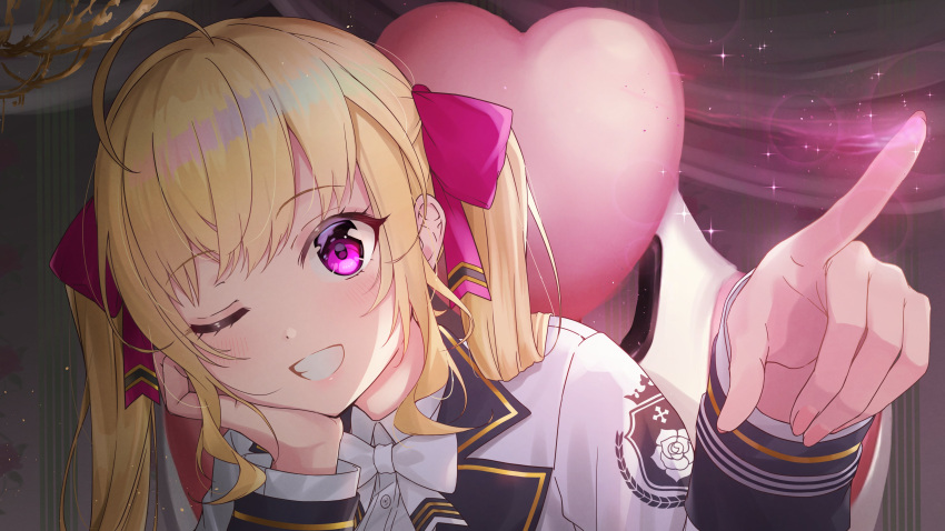 1girl ;) absurdres bangs blonde_hair blush bow bowtie eyebrows_visible_through_hair grin hair_bow hands_up heart highres jacket light_particles long_hair long_sleeves looking_at_viewer nijisanji one_eye_closed purple_bow purple_eyes shima6644 smile solo takamiya_rion twintails virtual_youtuber white_bow white_bowtie white_jacket