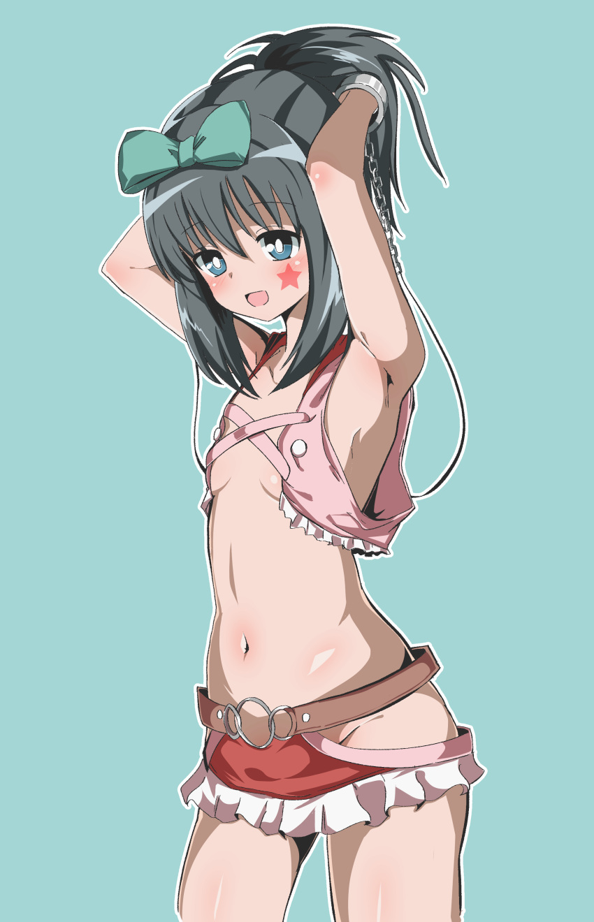 1girl absurdres armpits arms_up bare_shoulders black_hair blue_eyes blush bow breasts cuffs facial_mark hair_bow highres higure_(hikiko2323) hip_vent kunihiro_hajime long_hair looking_at_viewer navel no_panties open_mouth ponytail revealing_clothes saki shiny shiny_hair shiny_skin small_breasts smile solo standing star_(symbol)