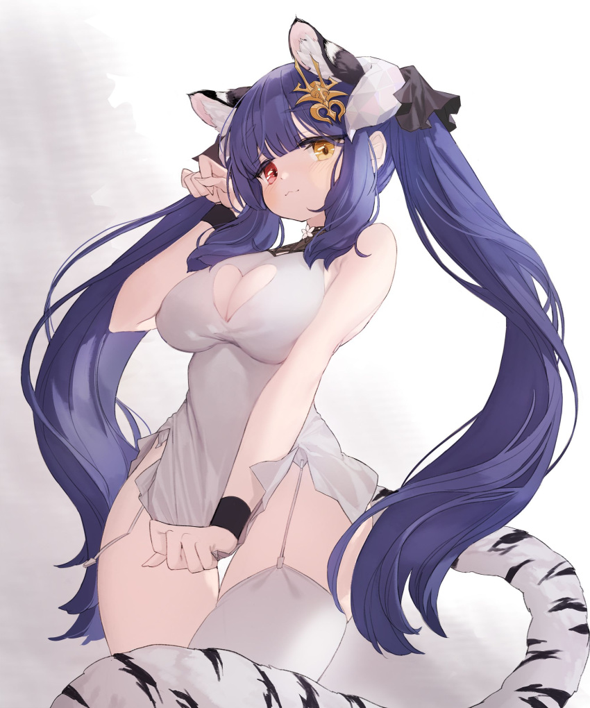 1girl 3: absurdres animal_ear_fluff animal_ears bangs blue_hair blunt_bangs breasts cleavage clothing_cutout commission covering covering_crotch cowboy_shot dress dress_tug eyebrows_visible_through_hair from_below garter_straps hair_ornament heart_cutout heterochromia highres horns kuzel_(bonolangje) large_breasts original paw_pose red_eyes ruthenium77's_character second-party_source short_dress sidelocks simple_background single_thighhigh solo tail thighhighs tiger_ears tiger_tail twintails white_dress white_legwear wristband yellow_eyes