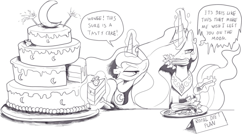 annoyed cake celery crown cutlery dessert duo english_text equid equine food fork friendship_is_magic fruit half-closed_eyes hasbro hi_res horn kitchen_utensils magic mammal monochrome my_little_pony narrowed_eyes nauyaco plant plate princess_celestia_(mlp) princess_luna_(mlp) smile strawberry text tools vegetable winged_unicorn wings