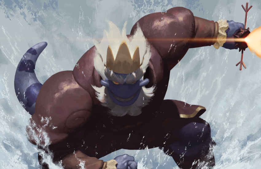 1boy absurdres amphibia armor beard crown facial_hair grin highres holding holding_weapon king_andrias looking_at_viewer red_eyes smile solo splashing tail water weapon white_hair william_rothart