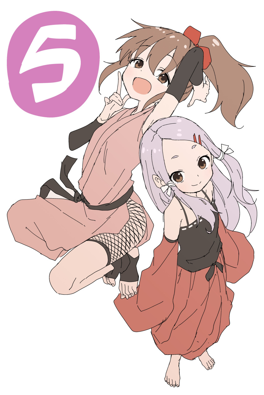 2girls absurdres ajisai_(kunoichi_tsubaki_no_mune_no_uchi) armpits bangs bare_shoulders barefoot black_camisole bow brown_eyes brown_hair camisole commentary_request detached_sleeves eyebrows_visible_through_hair fishnets forehead grey_hair hair_between_eyes hair_bow hair_ornament hairclip hakama hakama_skirt highres hinagiku_(kunoichi_tsubaki_no_mune_no_uchi) japanese_clothes kimono kunoichi_tsubaki_no_mune_no_uchi long_hair long_sleeves multiple_girls parted_bangs pink_kimono ponytail red_bow red_hakama red_sleeves short_eyebrows short_shorts shorts simple_background skirt sleeveless sleeveless_kimono sleeves_past_fingers sleeves_past_wrists standing thick_eyebrows very_long_hair white_background wide_sleeves yamamoto_souichirou