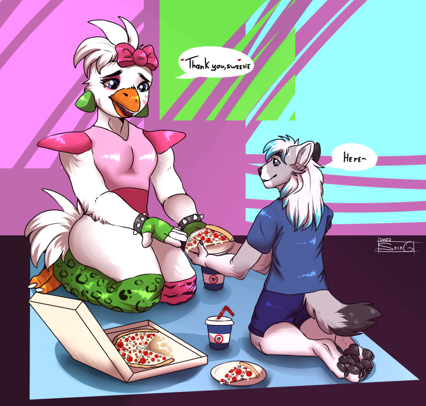 anthro avian bird canid canine canis chica_(fnaf) chicken dante_kinkade duo female five_nights_at_freddy's five_nights_at_freddy's:_security_breach food galliform gallus_(genus) hi_res invalid_tag male male/female mammal phasianid picnic pizza scottgames sting_12 video_games wolf young