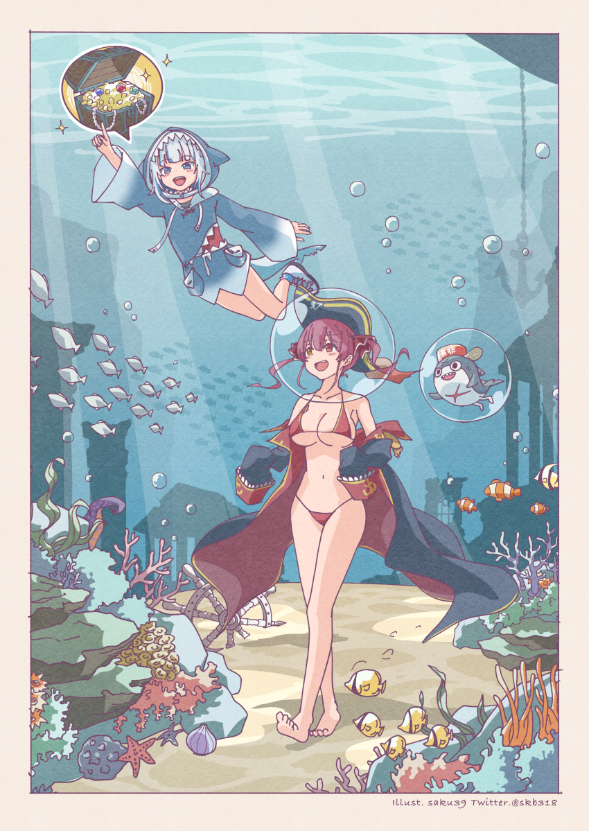 2girls :d absurdres anchor animal_hood arm_up artist_name barefoot bikini bloop_(gawr_gura) blue_eyes blue_hair blush border breasts bubble chain clam clownfish coral_reef fish fish_tail floating_hair full_body gawr_gura gem gold_coin hat heterochromia highres holding hololive hololive_english hood houshou_marine index_finger_raised jacket large_breasts long_hair looking_at_another looking_at_viewer looking_up medium_hair multicolored_hair multiple_girls navel off_shoulder onesie open_mouth pirate_hat pointing red_bikini red_eyes red_hair saku39_(skb318) school_of_fish seaweed shark_hood shark_tail sharp_teeth ship's_wheel shoes sleeves_past_wrists smile sparkle spoken_object starfish stomach streaked_hair sunfish swimming swimsuit tail teeth tentacles treasure treasure_chest twintails twitter_username two-tone_hair underwater underwater_city virtual_youtuber walking water whale white_border white_hair yellow_eyes