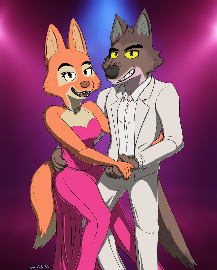 anthro brown_body brown_fur canid canine canis clothed clothing diane_foxington digital_media_(artwork) dreamworks duo female fox fur hand_holding hi_res looking_at_viewer male male/female mammal mr._wolf_(the_bad_guys) orange_body orange_fur piercing simple_background smile soomir the_bad_guys wolf