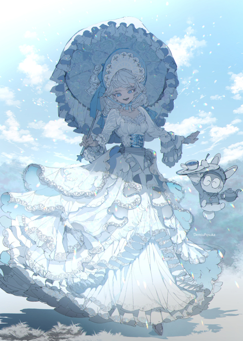 1girl artist_name blue_eyes blue_headwear blue_sky blue_theme bonnet breasts bunny cleavage_cutout clothing_cutout cloud commentary_request cup demizu_posuka dress grey_headwear grey_jacket hat highres holding holding_teapot holding_tray jacket layered_dress long_sleeves looking_at_viewer medium_breasts original outdoors parasol short_hair sky solo teacup teapot tray umbrella white_dress white_hair