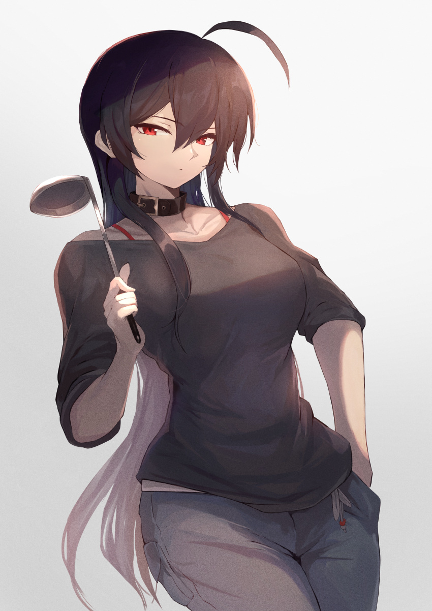 1girl absurdres ahoge bangs black_choker black_hair black_pants black_shirt bra_strap breasts choker chuunibyou_demo_koi_ga_shitai! commentary_request cowboy_shot gradient gradient_background grey_background hair_between_eyes highres holding holding_ladle ladle large_breasts long_hair looking_at_viewer ohako_(ohako1818) pants red_eyes shirt solo standing takanashi_touka very_long_hair