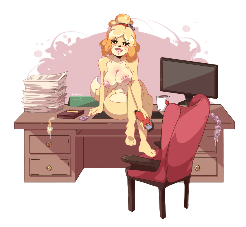 absurd_res animal_crossing anthro big_breasts breasts canid canine canis chair computer_monitor crossed_legs desk docdraw_(artist) domestic_dog female furniture hair_clipper hi_res isabelle_(animal_crossing) mammal nintendo open_mouth shih_tzu sitting solo table thick_thighs toy_dog video_games