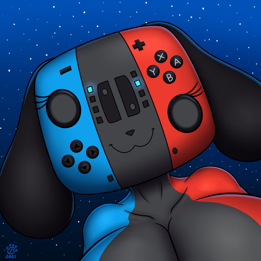 animate_inanimate anthro badgerben big_breasts breasts canid controller female headshot_portrait hi_res huge_breasts looking_at_viewer mammal multicolored_body nintendo nintendo_switch portrait smile solo switch_dog video_games