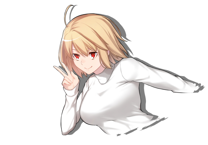 1girl ahoge arcueid_brunestud aster_crowley bangs blonde_hair breasts eyebrows_behind_hair hair_between_eyes highres looking_at_viewer red_eyes shirt short_hair simple_background smile solo tsukihime tsukihime_(remake) type-moon upper_body victory_pose white_background