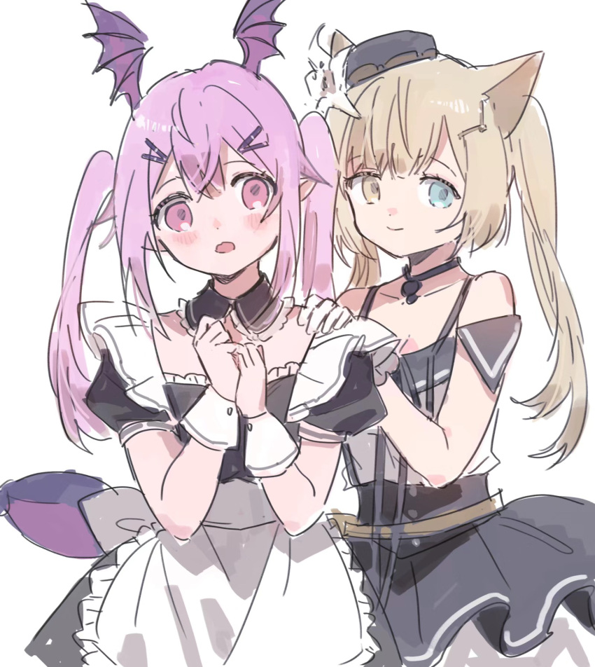 2girls :o alternate_costume animal_ears apron arknights bangs bare_shoulders blonde_hair blue_eyes cat_ears cat_girl choker closed_mouth detached_collar dress embarrassed enmaided hand_on_another's_shoulder hat heterochromia highres long_hair maid maid_apron manticore_(arknights) multiple_girls nightmare_(arknights) nightmare_(light_and_shadow)_(arknights) off-shoulder_dress off_shoulder official_alternate_costume official_alternate_hairstyle purple_eyes purple_hair red_(girllove) side_ponytail simple_background twintails white_background wing_ears yellow_eyes