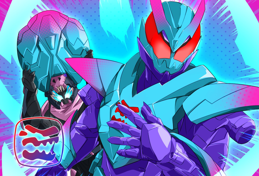 2boys armor barid_rex barid_rex_vistamp bird black_nails blue_armor blue_eyes bodysuit clenched_hand cowboy_shot demon_boy dinosaur fingernails gloves glowing glowing_eyes highres kamen_rider kamen_rider_revi kamen_rider_revice kamen_rider_vice looking_at_viewer male_focus miyabi_(037) monster_boy multiple_boys pink_horns pink_scarf purple_gloves red_eyes reiwa rex_genome scarf shaded_face sharp_fingernails sharp_teeth shield stamp_mark teeth tyrannosaurus_rex upper_body white_background