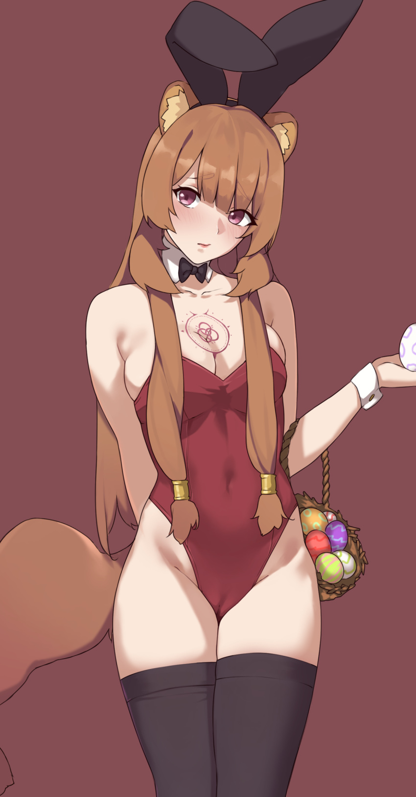 1girl absurdres animal_ears bangs bare_shoulders black_legwear breasts brown_hair cameltoe covered_navel detached_sleeves easter egg highres long_hair medium_breasts paid_reward_available playboy_bunny purple_eyes raccoon_ears raccoon_girl raccoon_tail raphtalia simple_background solo sweat tail tate_no_yuusha_no_nariagari thighhighs todding wrist_cuffs