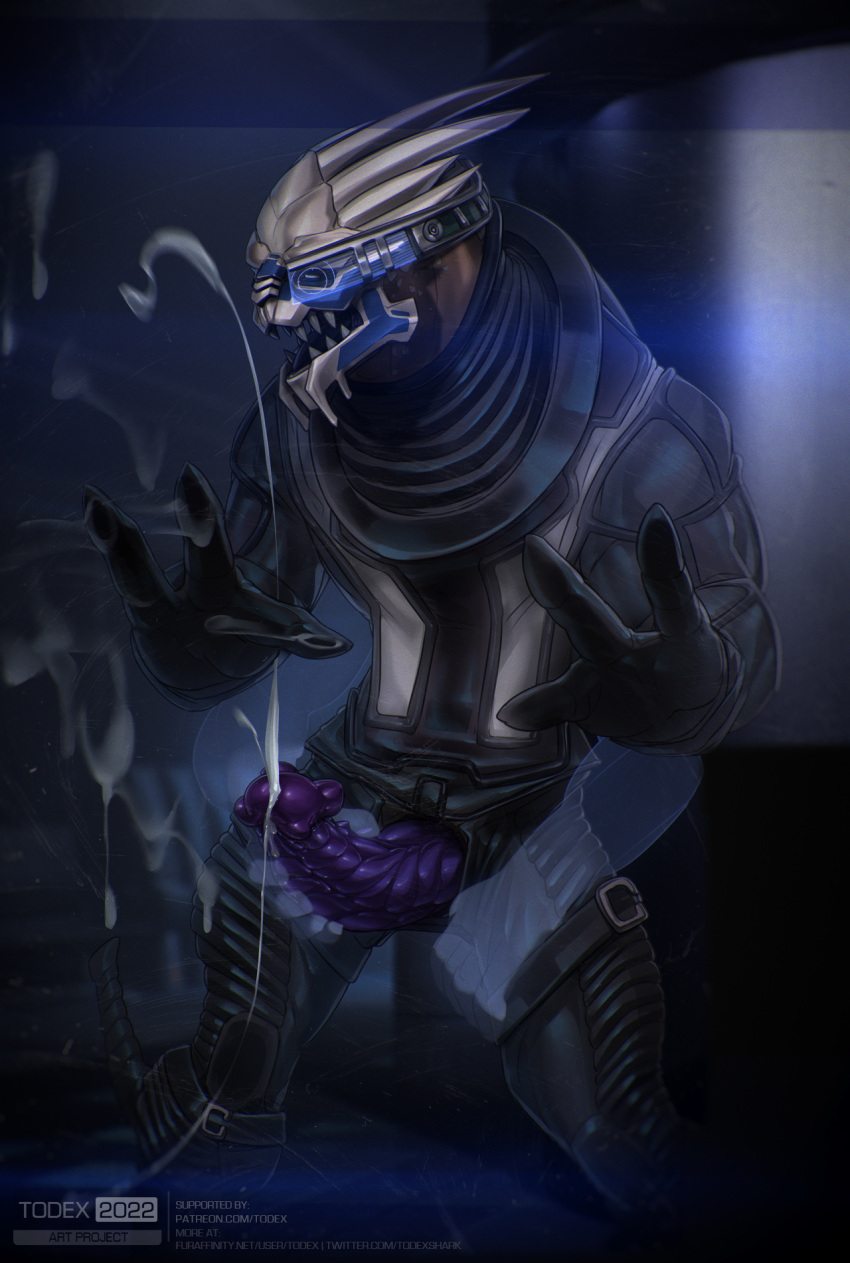 against_surface against_wall alien ambiguous_gender bodily_fluids bottomwear clothed clothing cum cum_on_glass cumshot digital_media_(artwork) disembodied_hand ejaculation erection garrus_vakarian genital_fluids genitals ghost_hands glass handjob hi_res looking_pleasured male male/ambiguous mass_effect masturbation not_furry nude on_glass open_mouth orgasm orgasm_face penile penis penis_through_fly poking_out reach_around sex sharp_teeth solo solo_focus standing teeth todex topwear turian video_games visor